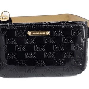 Michael Kors Black Patent MK Monogram adjustable belt bag with Gold Hardware